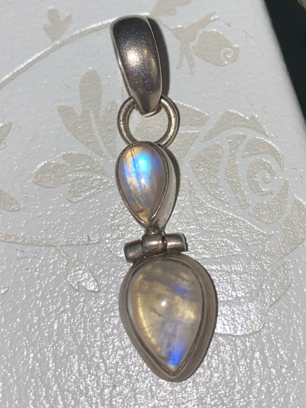 Sterling Silver Rainbow Moonstone Teardrop Pendant - Blue Flash - Hinged